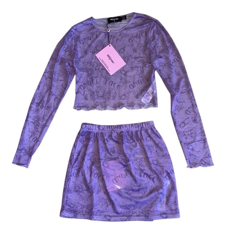 NWT Dolls Kill NGOrder Sheer Printed Crop Top Skirt Set in Purple Size Small UK8